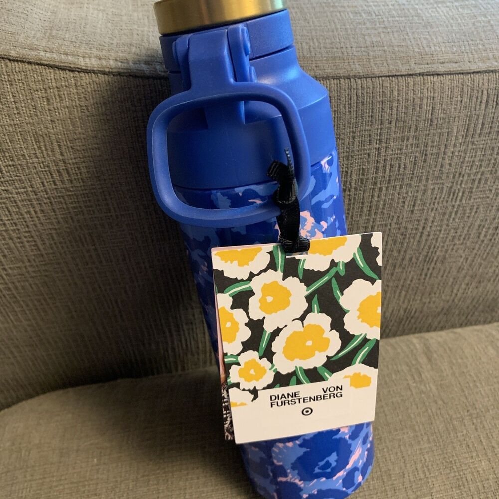 Diane Von Furstenberg Target Water Bottle Travel Blue Leopard Gold Go For It New